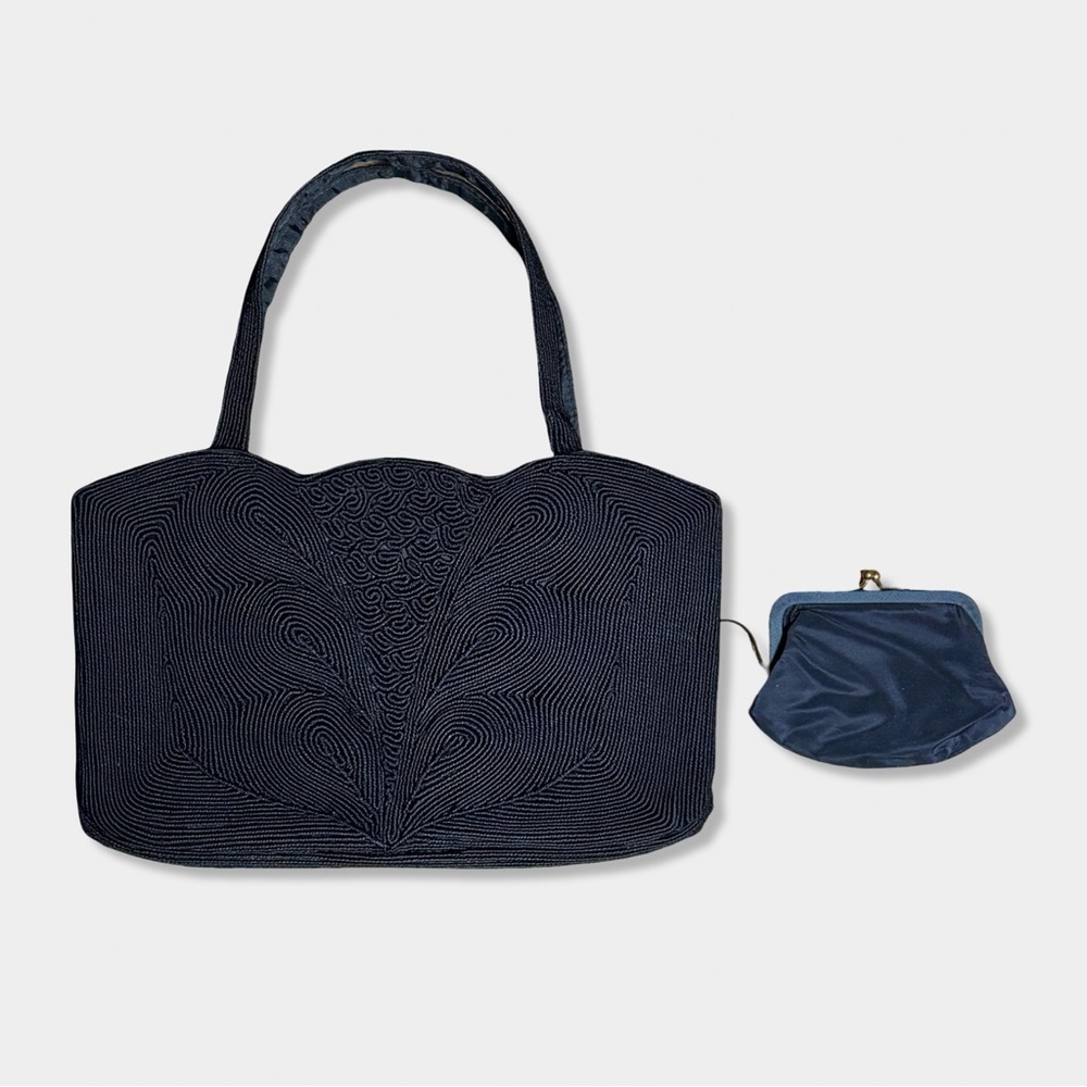 Vtg 40s 50s Art Deco Genuine Corde Creation Navy Blue Corded Art Hand Bag Purse